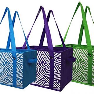 Earthwise Deluxe Collapsible Reusable Shopping Box Grocery Bag Set with Reinforced Bottom Storage Boxes Bins Cubes (Set of 3) (Green/Turq/Purple)