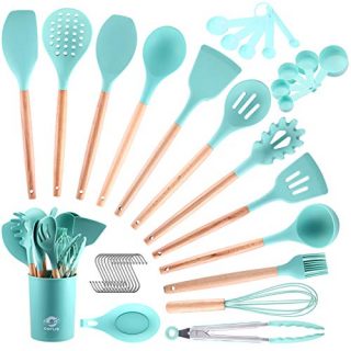 COPLIB Kitchen Cooking Utensils Set, 34Pcs Silicone Kitchen Utensils Set, Wooden Handles BPA Free Non Toxic Cooking Utensil with Holder, 446°F Heat Resistant Silicone Kitchen Tools for Cooking, Green