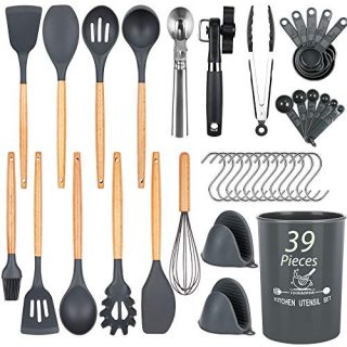 Docgrit Kitchen Utensil Set- 39 PCs Cooking Utensils with Oven Mitts, Ice Cream Scoop, Can Opener, Spoon Spatula &Turner Made of Heat Resistant Food Grade Silicone and Wooden Handle