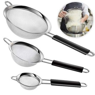 IPOW Fine Mesh Strainer, 3 Pack Professional Super Fine Mesh Strainer with Strengthened Non Slip Handles Covered by FDA Silicone for Sifting Flour, Noodle, Icing Sugar, Quinoa, Coffee, Juice, Tea etc