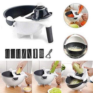 Rotate the Vegetable Cutter with Drain Basket 9 in 1 Slicer, Multi-functional Magic Kitchen Veggie Fruit Shredder Grater Slicer (Black)