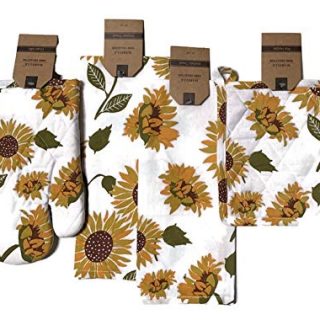 Celebration Sunflower Theme Kitchen Linen Bundle 1 Quilted Pot Holders, 1 Quilted Oven Mitt & 2 Kitchen Towels