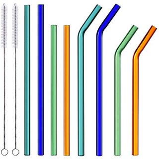 ALINK 8-Pack Colored Glass Smoothie Straws, 10mm Wide 10" + 9" Long Reusable Drinking Straws for Smoothie, Milkshakes, Frozen Drinks, Pack of 8 with 2 Cleaning Brush