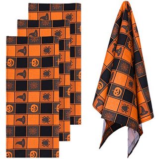 Aneco 4 Pack Halloween Plaid Dish Towels Oversized 18 x 28 Inches Cotton Kitchen Black Orange Plaid Dish Towels Halloween Dish Towels Tea Towels for Halloween Decorations