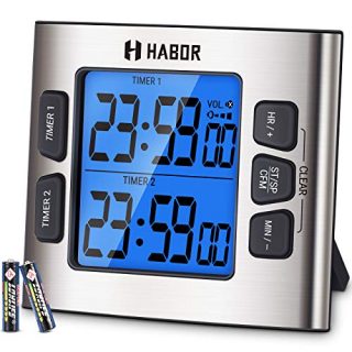 Habor Digital Dual Kitchen Timer with Calendar Clock for Cooking, Count-up & Countdown, 4-Level Adjustable Alarm Volume, Larger Backlit Display, Stronger Magnets Study Exer, Silver