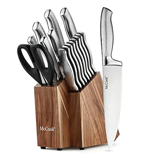 McCook MC20 Premium Knife Sets,17 Pieces Full Tang Hammered German Stainless Steel Kitchen Knife Set with Acacia Block