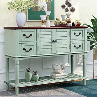 P PURLOVE Console Table for Entryway Buffet Table Sideboard Sofa Table with Shutter Doors and 4 Storage Drawers for Living Room Kitchen (Light Blue)