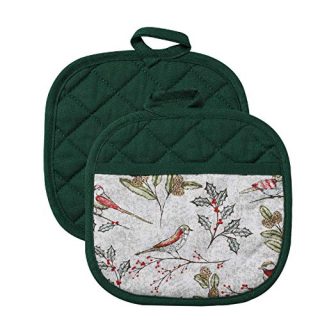 HARORBAY Pot Holders for Kitchen Heat Resistant, Cotton Hot Pads for Oven, Potholders Non-Slip for Cooking Baking Christmas, Set of 2 (Cecil Birds, Green)