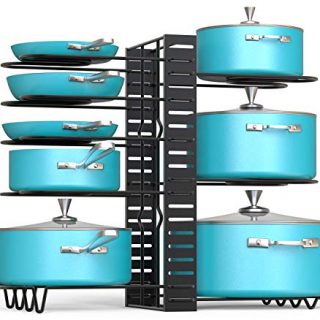 Vdomus Pot Rack Organizer with 3 DIY Methods, Black Metal Kitchen 8+ Pots Holder, Height and Position are Adjustable Cabinet Pantry Pot Lid Holder (Upgraded)