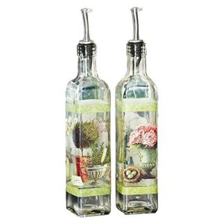 CEDAR HOME Olive Oil Bottle Set Glass Dispenser Vinegar Cruet 17oz. with Stainless Steel Leak Proof Pourer Spout for Cooking or Salad Dressing, 2 Pack, Green