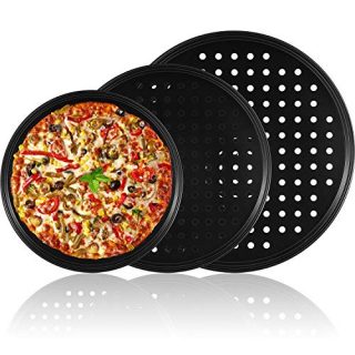 3 Pieces Pizza Crisper Pan Carbon Steel Pizza Pan Non-Stick Round Pizza Tray with Holes for Home Restaurant Hotel Use, 9 Inch /11 Inch/12.5 Inch (Black)