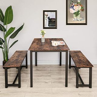 BAHOM 3 Pieces Kitchen Dining Table with Bench Set for 2 Solid Wooden Tabletop and Steel Support Structure for Home, Kitchen, Dining Room (Brown, 3pc)