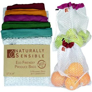 Reusable Produce Bags The Original Eco - Friendly See Through and Washable Soft Premium Lightweight Nylon Mesh Large 12"X14" Set of 5 (Red, Yellow, Green, Blue, Purple) By Naturally Sensible