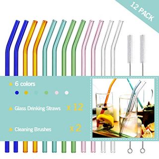 Reusable Bent Glass Drinking Straws,Set of 12 Bent Straws With 2 Cleaning Brushes,Shatter Resistant,Non-Toxic,Eco Friendly Reusable Straws (Multi-Color 12 Pack)
