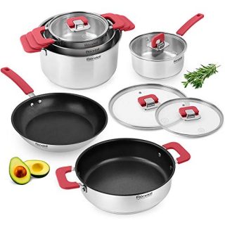 Rondell Savvy Stainless Steel Induction Cookware Set 10 pcs - Kitchen Non Stick Cooking Casseroles with Lids, Frypan, Saucepan, Sautepan - Impact-Bonded Technology - Dishwasher safe