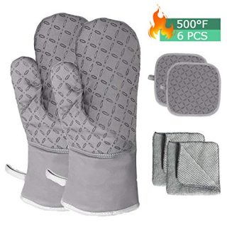 Oven Mitts and Pot Holders 6pcs Set, Kitchen Oven Glove High Heat Resistant 500 Degree Extra Long Oven Mitts and Potholder with Non-Slip Silicone Surface for Cooking