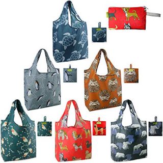 Reusable Grocery Bags 6 Pack Foldable Shopping Bags Cute Animal Bulk w Zipper Storage Pouch Reusable Bags for Groceries Machine Washable Lightweight Nylon Elephant Bird Hedgehog Penguin Turtle Dog