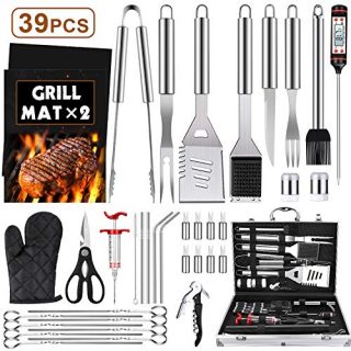 LUYATA 39PCS BBQ Grill Accessories Tools Set, Stainless Steel Grilling Barbecue Tool Kit with Aluminum Case, 2 Grill Mats and Meat Injector for Backyard Outdoor Camping Birthday Party