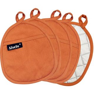 Alselo Pot Holder Set of 5 Heat Resistant Potholder, Professional Baking Food Safe Hot Pat Cotton with Silver-Plated for Kitchen Cooking Barbecue (Orange, 5)