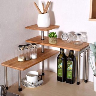 Ollieroo 3 Tier Corner Shelf Bamboo Countertop Organizer Bookshelf Display Shelves Space Saving Rack for Living Room, Kitchen, Office (with hooks)