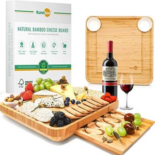 Kunaboo Bamboo cheese board and knife set - Charcuterie tray with cutlery set - FSC certified - Best for wine and cheese board parties, wedding, housewarming gift, cheeseboard and knife set
