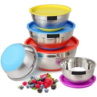 Mixing Bowls Set of 5, Stainless Steel Mixing Bowls with Airtight Lids Metal Serving Bowls Mixing Salad Bowls with Clear Measurement Marks & Colorful Non-Slip Base Great for Mixing Storing Preparing
