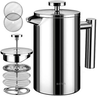 BAYKA French Press Coffee Maker, Stainless Steel 21oz Double-Wall Metal Insulated Coffee Tea Makers with 4 Level Filtration System, Rust-Free, Dishwasher Safe
