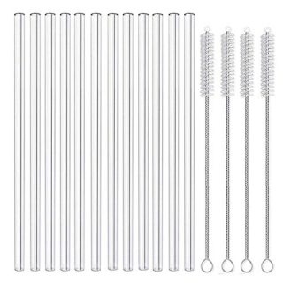 MIXIAO Glass Drinking Straws Clear Reusable Glass Straws Set of 12 with 4 Brushes - Healthy Eco Friendly Glass Straws, Ideal for Smoothie Milkshake etc 8.5"x 10 mm (12 Straight)
