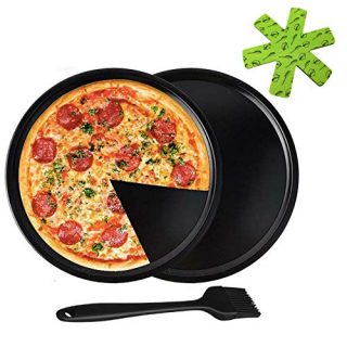 2-Piece Set Non-stick Pizza Baking Pan, Premium Kitchen Deep Dish Round Pizza Tray Dishwasher Safe Baking Sheet for Home Kitchen handmade Pizza Bakeware with Brushes + Protectors