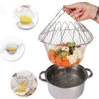 Delidge Foldable Stainless Steel Deep Fry Basket Multifunction Steam Rinse Strain Fry Strainer Net Telescopic Folding Basket Fry Basket for Fried Food or Fruits Kitchen Utensil Cooking Net Gadgets