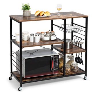 Giantex Industrial Kitchen Baker's Rack with Lockable Universal Wheel, Microwave Oven Stand, Metal Frame, Utility Storage Shelf, Basket and Hooks, Easy Assembly (Brown)