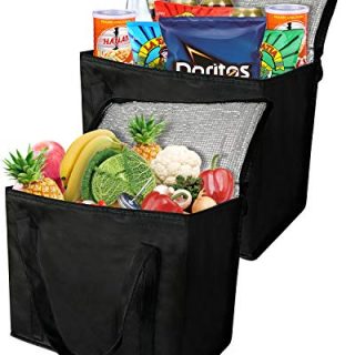 2 Insulated Reusable Grocery Bag with Zippered Top, XL, Large, Frozen Foods Cold, Cooler Shopping Accessories, Insullated Bags Black