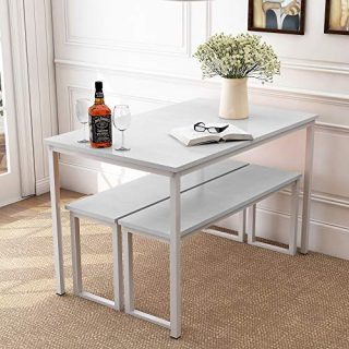 Harper & Bright Designs 3-Piece Dining Table Set Kitchen Table with Two Benches, Kitchen Contemporary Home Furniture, White