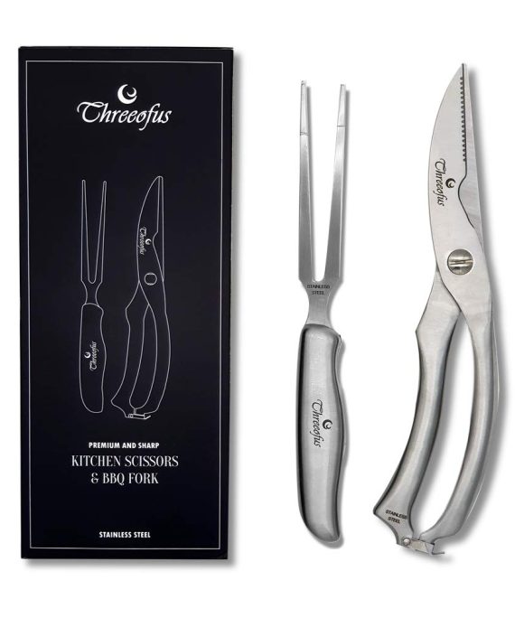 Threeofus - Heavy Duty Poultry Shears For Bone, Chicken, Meat, Fish, Seafood, Vegetables. Premium Stainless Steel Kitchen Scissors. All metal Food Shears. Bonus BBQ Fork for Multiple Use