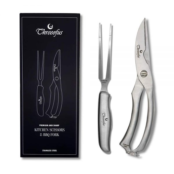 Threeofus - Heavy Duty Poultry Shears For Bone, Chicken, Meat, Fish, Seafood, Vegetables. Premium Stainless Steel Kitchen Scissors. All metal Food Shears. Bonus BBQ Fork for Multiple Use