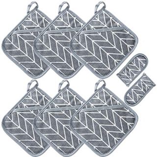 Win Change Heat Resistant Potholders Hot Pads-6 Kitchen Pot Holders Set with 2 Pan Hot Handle Holders Trivet for Cooking and Baking,with Recycled Cotton Infill Terrycloth Lining(Grey,8 Piece)