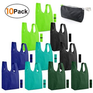 Reusable-Grocery-Bags-Shopping-Foldable-Tote Bags for Groceries 10 Pack Xlarge Bags with Elastic Zipper Bags Gift Bags Machine Washable Lightweight Sturdy Moss Teal Green Black Navy