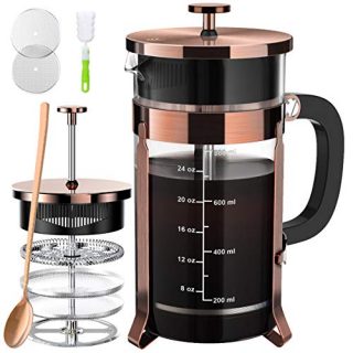 French Press Coffee and Tea Maker（34oz）,304 Stainless Steel Coffee Press with 4 Filters Screen-100% No Residue -German Heat-Resistant Borosilicate Glass- BPA  FREE -Easy Clean，Copper,Silver