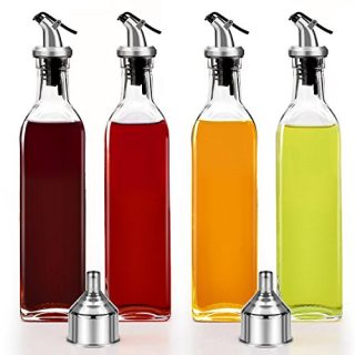 Olive Oil Dispenser - 4 Pack Oil and Vinegar Sauce Wine Glass Bottle Olive Oil 250ml Glass Dispenser Pouring Spouts with Lever-Release Snap Lids for Controlled Pouring with 2 Funnel