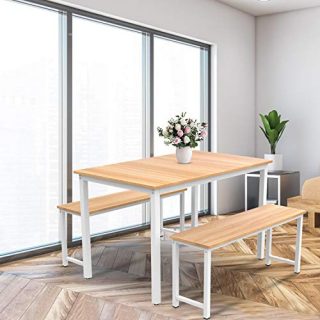 Hmlinktt Dining Table Set Kitchen Table and Chairs for 4 Small Dining Table with Two Benches / 3 Piece Set (Beige) (Dining Room Table Set)