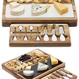 Shanik Cheese Board With 7 Piece Stainless Steel Cutlery Set - Acacia Wood Charcuterie Board and Cheese Serving Platter With Slide-Out Drawer, 3 Ceramic Bowls, Double Sided Marble Blade, Perfect Gift