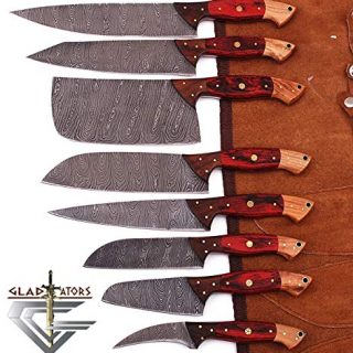 G29RD- Professional Kitchen Knives Custom Made Damascus Steel 8 pcs of Professional Utility Chef Kitchen Knife Set with Chopper/Cleaver with Pocket Case Chef Knife Roll Bag by GladiatorsGuild (Red)