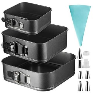 Square Springform Pan, OAMCEG 3 Pcs (4''/7''/9'') Premium Non-stick Detachable Bakeware Cheesecake/Cake Pan with 6 Icing Tips + 1 Silicone Pastry Bag +1 Plastic Coupler for Baker and Baking Enthusiast