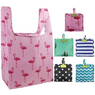 Foldable Reusable Grocery Bags Bulk 5 Cute Designs Folding Shopping Tote Bag Fits in Pocket Eco Friendly Ripstop Nylon Waterproof and Machine Washable Cloth Bags for Groceries Recycle Gift Bags Large