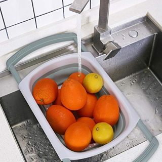 Kitchen Collapsible Colander,Colander Collapsible Silicone,Colander Strainer Over The Sink Vegetable, Fruit Colanders Strainers With Extendable Handles, Folding Strainer for Kitchen (white and gray)