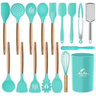 MIBOTE 17 Pcs Silicone Cooking Kitchen Utensils Set with Holder, Wooden Handles Cooking Tool BPA Free Non Toxic Turner Tongs Spatula Spoon Kitchen Gadgets Set for Nonstick Cookware (Teal)