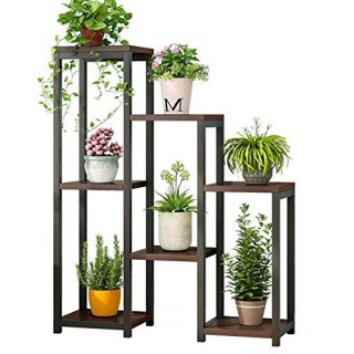 Metal Plant Stand Flower Pot Holder Rack, Wood Planter Stand Indoor Outdoor Multi Layer Flower Shelf Rack Higher and Lower Plant Holder in Garden Balcony Patio Living Room 7 Pots (Black)