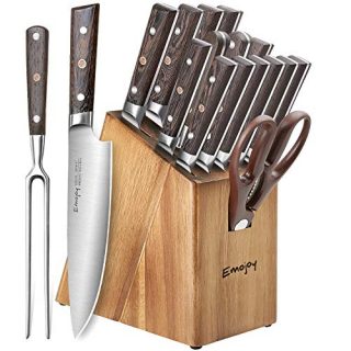 Knife Set, 16-Piece Kitchen Knife Set with Carving Fork, Precious Wengewood Handle for Chef Knife Set with Block, German Stainless Steel, Emojoy