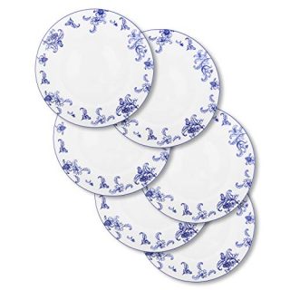 FIGULARK 8 Inch Stoneware Plate Set of 6 Blue Flower & White Ceramics Microwave & Dishwasher Dishes for Kitchen, Restaurant, and Party Gift