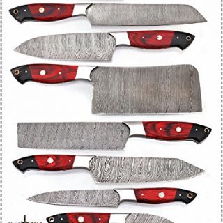 G16Red- Professional Kitchen Knives Custom Made Damascus Steel pcs of Professional Utility Chef Kitchen Knife Set with Chopper/Cleaver Black Horn (at end) GladiatorsGuild (8, Red)